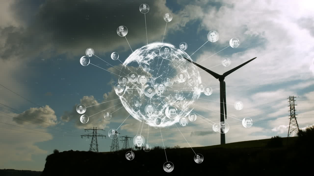 풍력 터빈을 통한 연결 네트워크와 함께 지구의 애니메이션