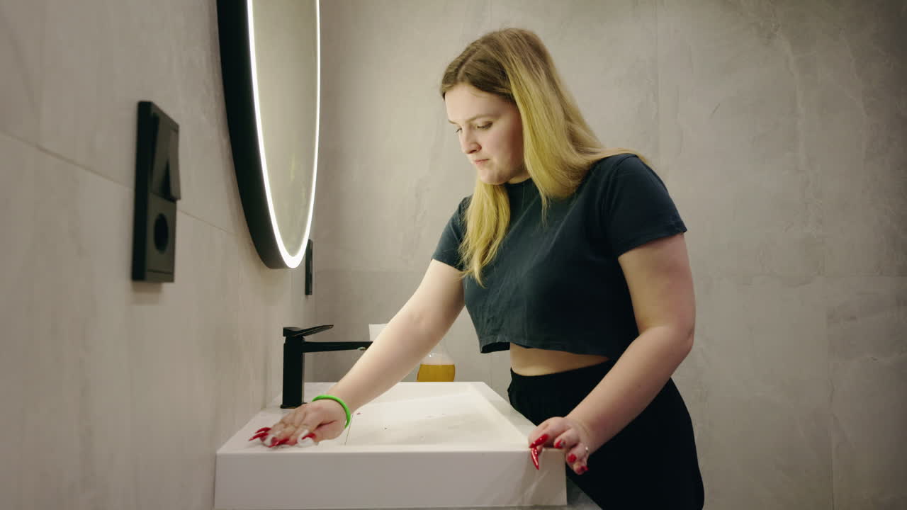 mujer limpiando el fregadero del baño