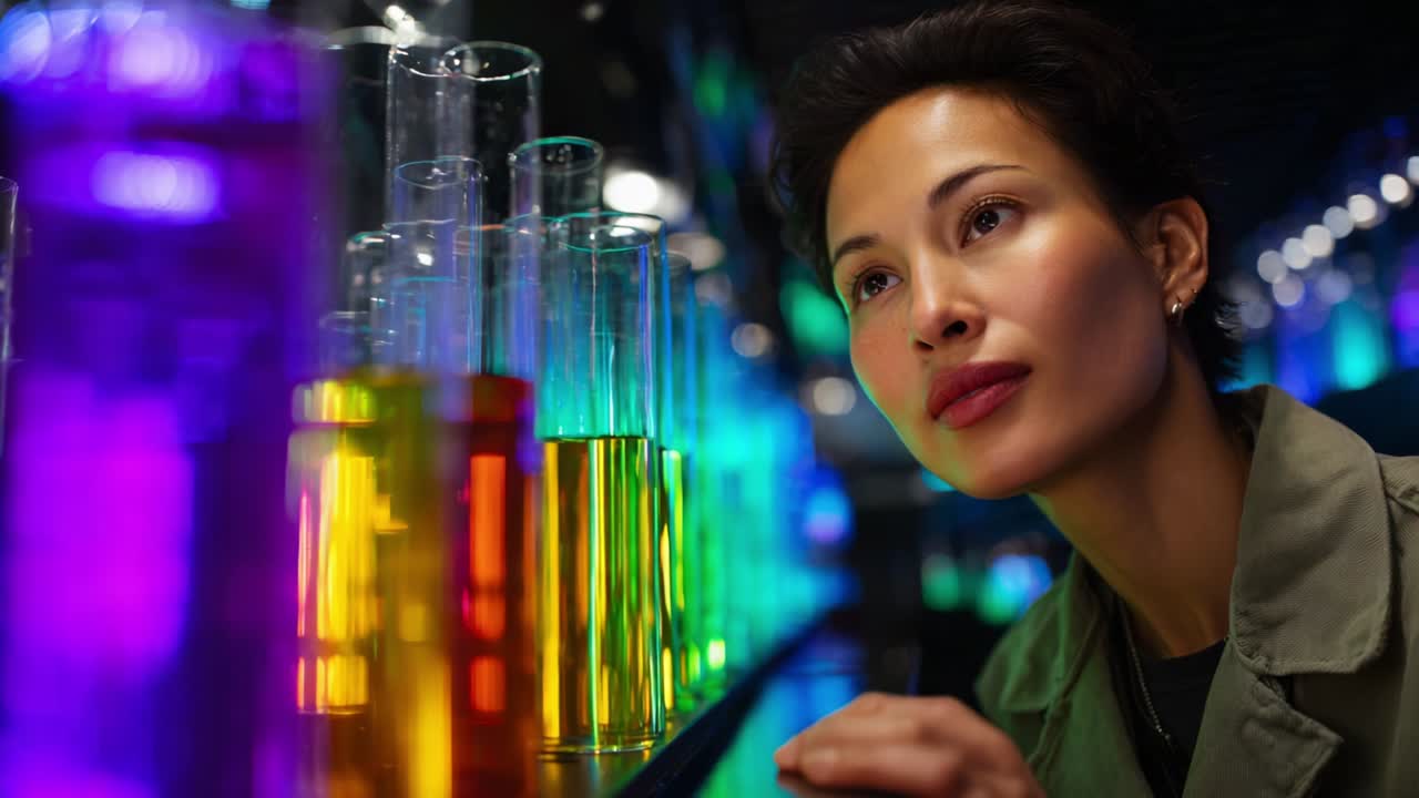 A focused moment of scientific exploration as a woman observes colorful liquid-filled test tubes illuminating her surroundings with vibrant hues, highlighting the intersection of chemistry and curiosity
