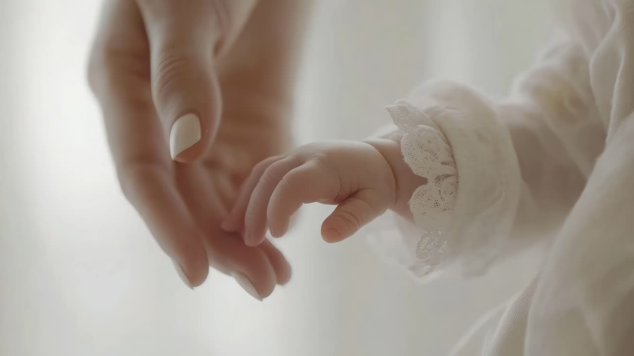 Close-up video shot of a baby's hand reaching for an adult's hand, capturing a tender moment