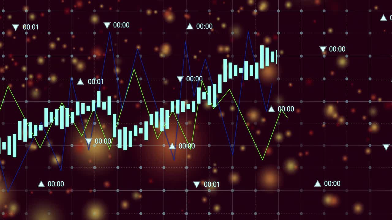 Recebendo atualização de mercado com candlesticks e linhas azuis-esverdeadas subindo e caindo, visualizando volatilidade.