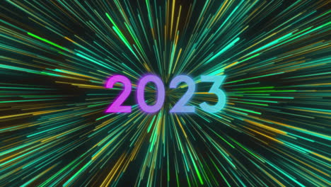 animation of 2023 text over green fireworks