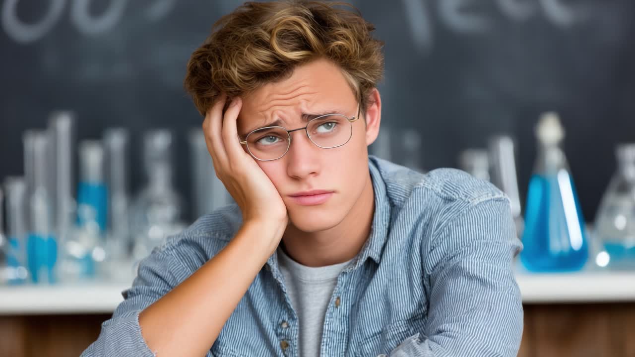 A Thoughtful Teenage Boy Reflects on Science Experiments in a Classroom, Experiencing Frustration and Curiosity Amidst Glass Lab Equipment