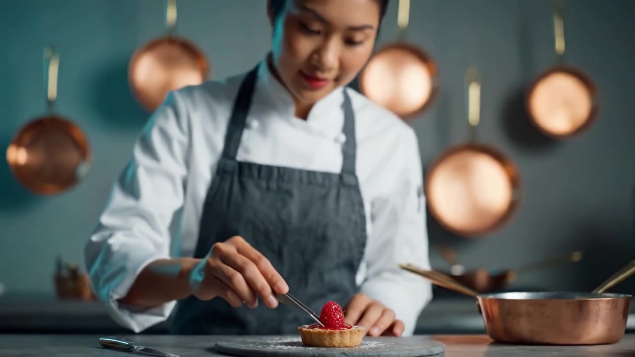 A skilled pastry chef carefully garnishes a delicious tart with a fresh raspberry, creating an exquisite dessert in a well-equipped kitchen environment.