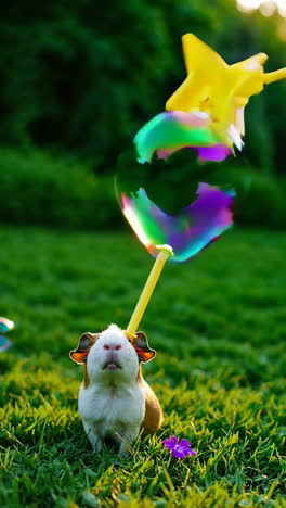 guinea pig playing with bubbles in a garden