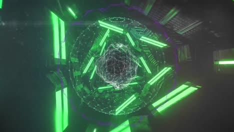 Animation-of-rotating-diverse-neon-lights,-globe-and-network-of-connections