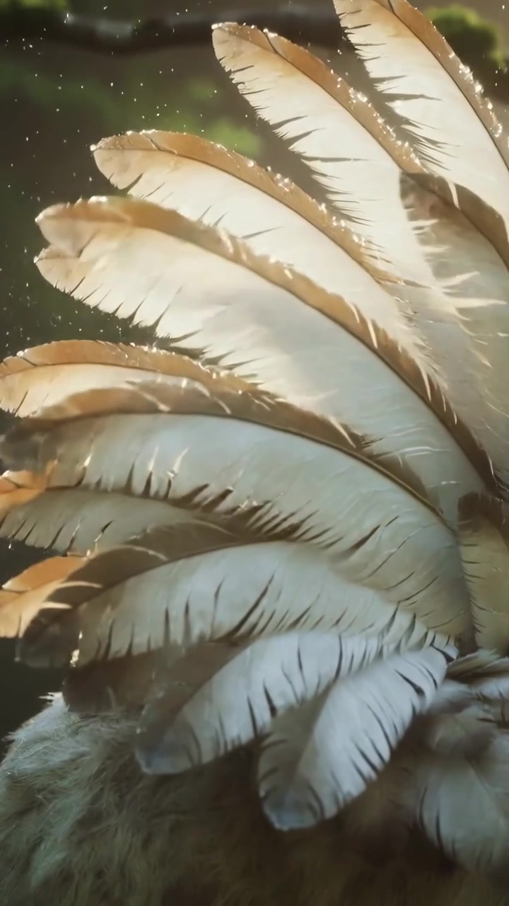 Video verticale: Panoramica della telecamera su un'ala di uccello che sbatte vicino a un ramo nel bosco, mettendo in evidenza i granelli di polvere.
