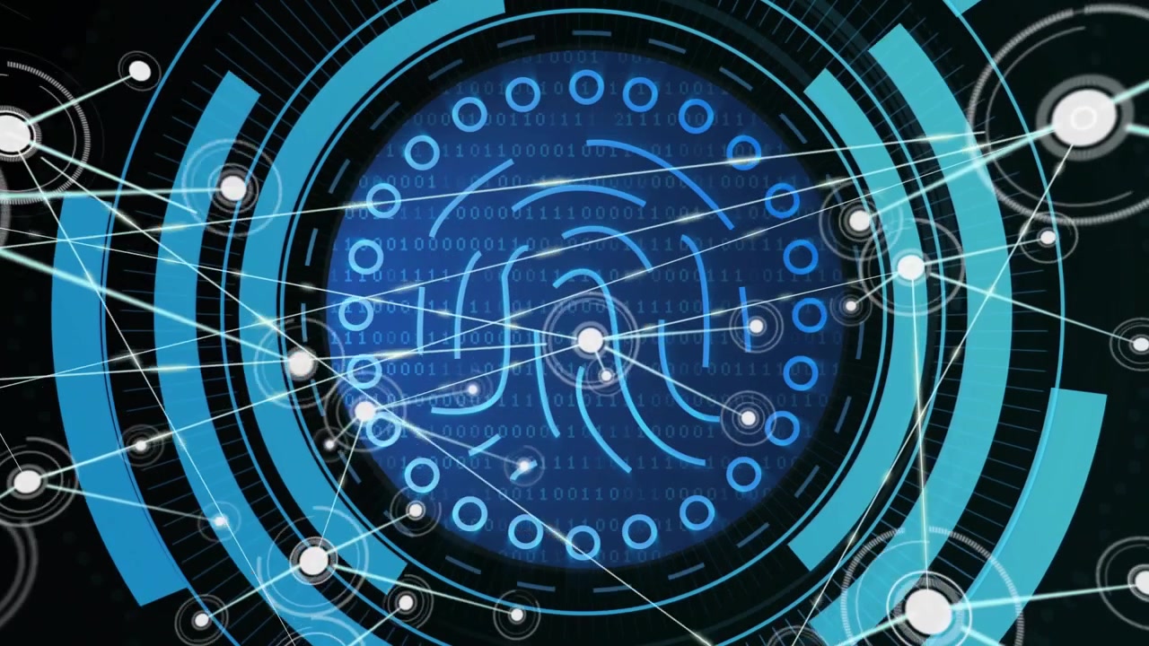 Node emerging in HUD initiating glowing network around fingerprint interface rotating rings