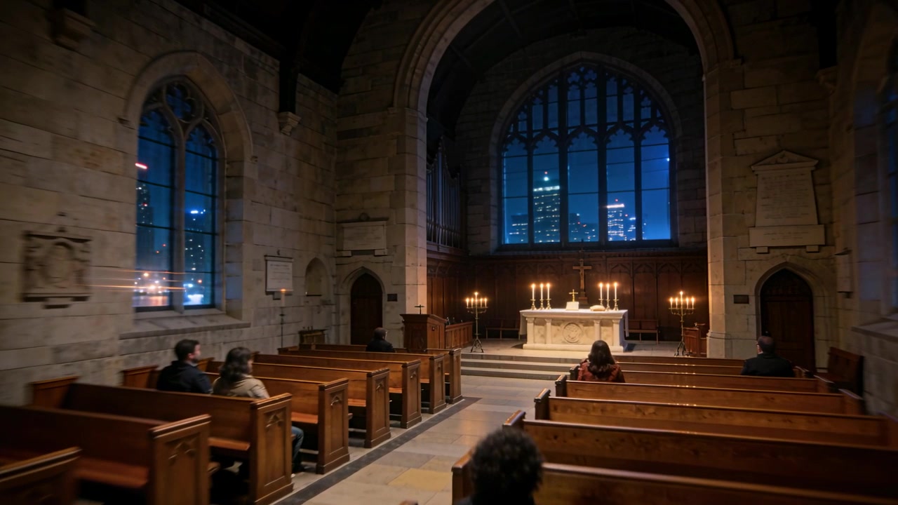 Panning camera showing lit altar and solo one in coat sitting aisle facing city highlighting altar
