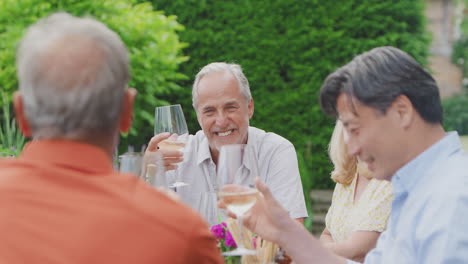 group of mature friends talking and making a toast with wine at summer party in garden at home