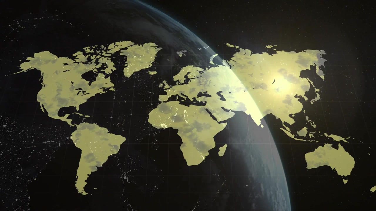 Glow emerging at Earth edge initiating rising sun sweeping map transitioning from gray to yellow
