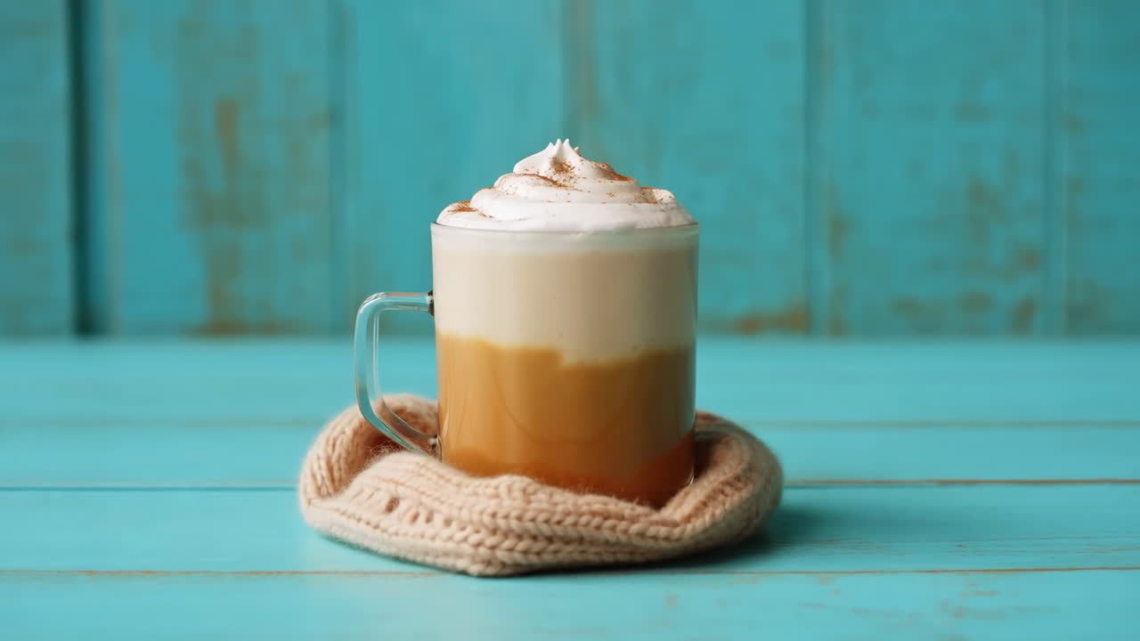 Caffè latte accogliente con panna montata e cannella su legno blu