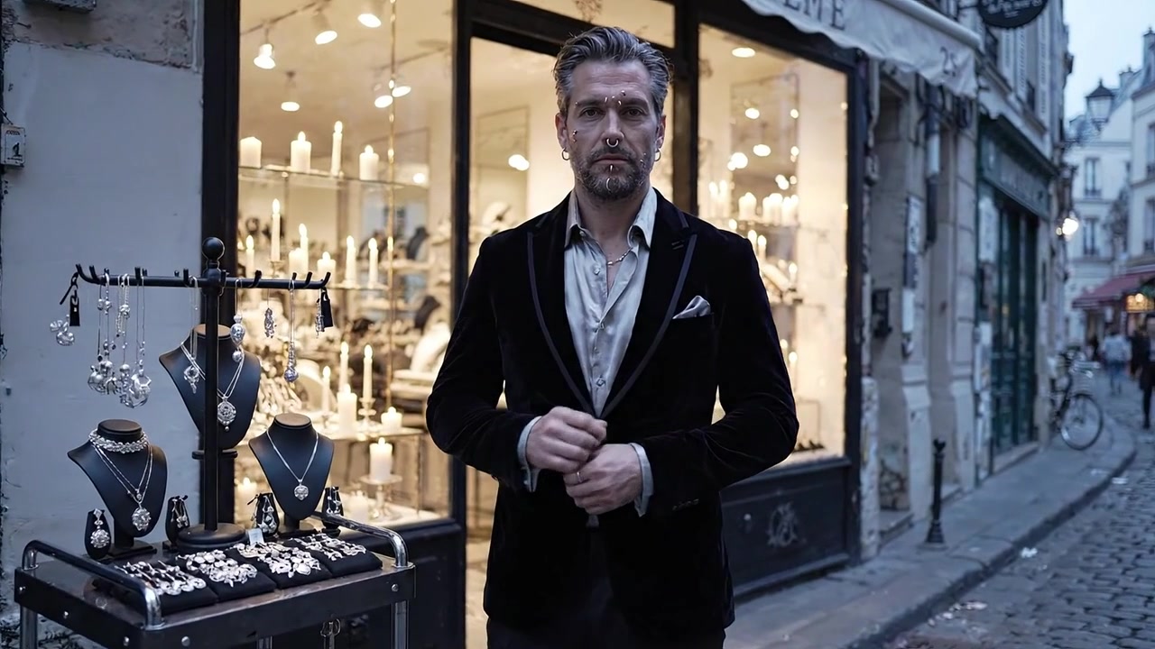 Um Homem Elegante Posando Graciosamente Em Frente a uma Joalheria Luxuosa ao Anoitecer, Exibindo Moda Refinada Contra um Cenário de Vitrines Elegantes e Acessórios Cintilantes.