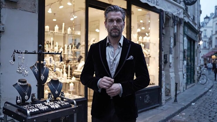 En stilfull mann poserer elegant utenfor en luksuriøs smykkebutikk i skumringen, og viser frem raffinert mote mot et bakteppe av elegante utstillinger og glitrende tilbehør.