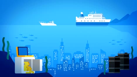 city in ocean. safe with gold barrels of oil. tourist ship and yacht.