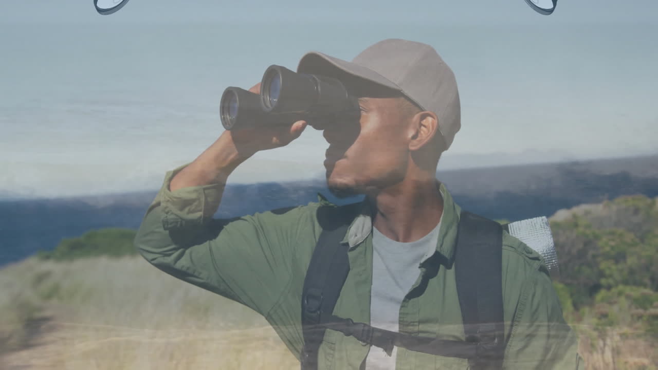 Using binoculars, man in cap hiking through scenic outdoor landscape animation