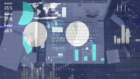 animación de la interfaz infográfica que se mueve sobre la computadora portátil y los suministros de oficina en el escritorio