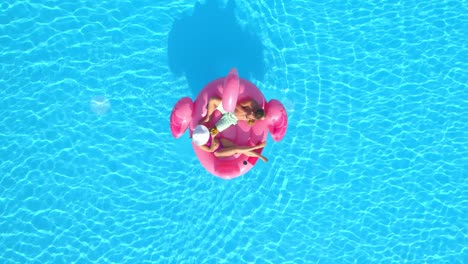 drone man and his girlfriend on summer vacation chill on a pink flamingo floatie