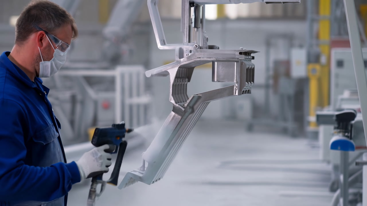White Technician Inspects Aluminum Automotive Frame On Paint Line, Wearing Mask, Gloves, Safety Glasses,