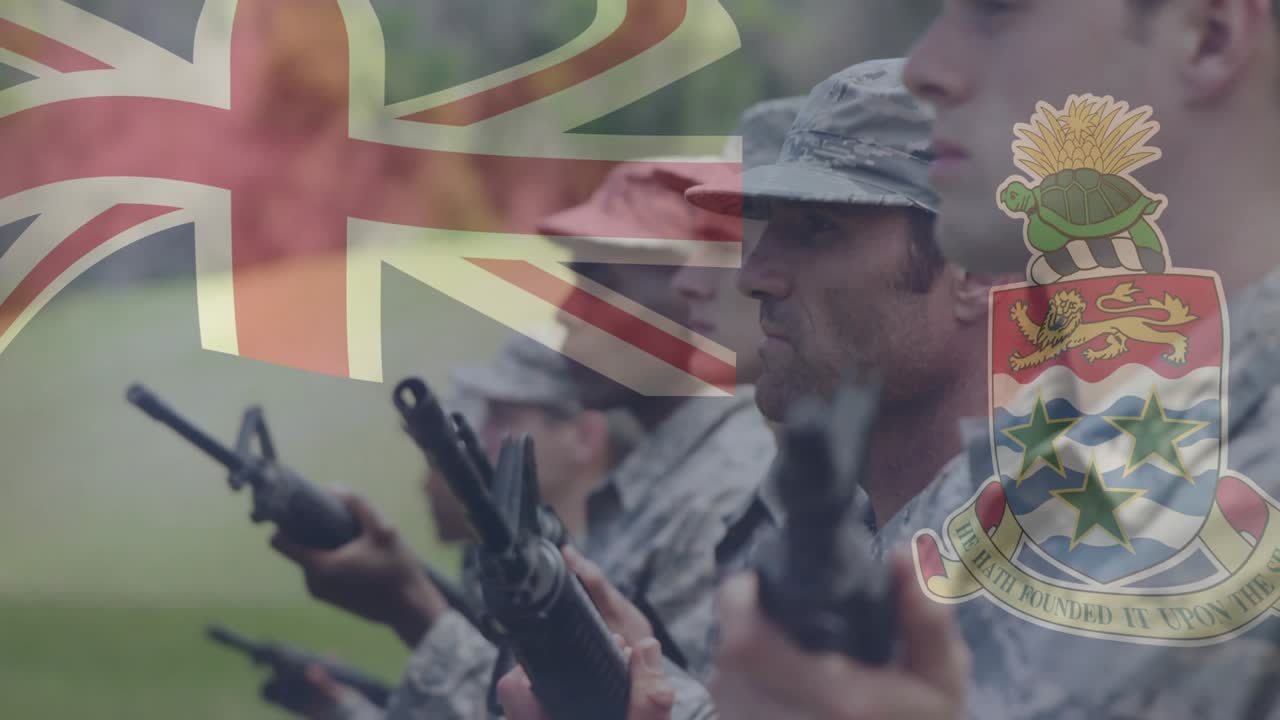 Six soldiers assuming firing stance, staying aligned in military drill with animated flag overlays