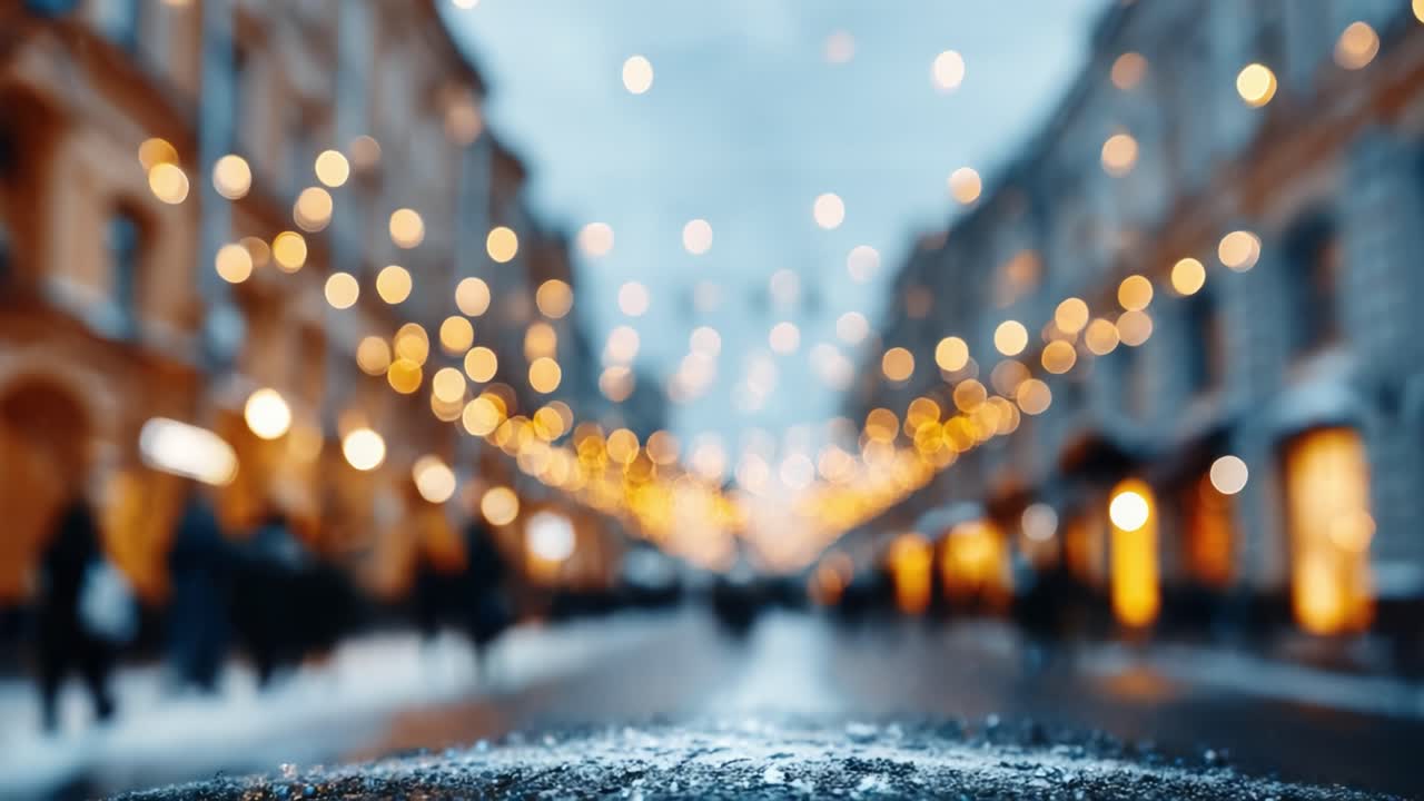 A Winter Evening Street Scene with Glowing Lights and Soft Snowfall, Capturing the Magic of Holiday Atmosphere and Community Gatherings in a Cozy Urban Environment
