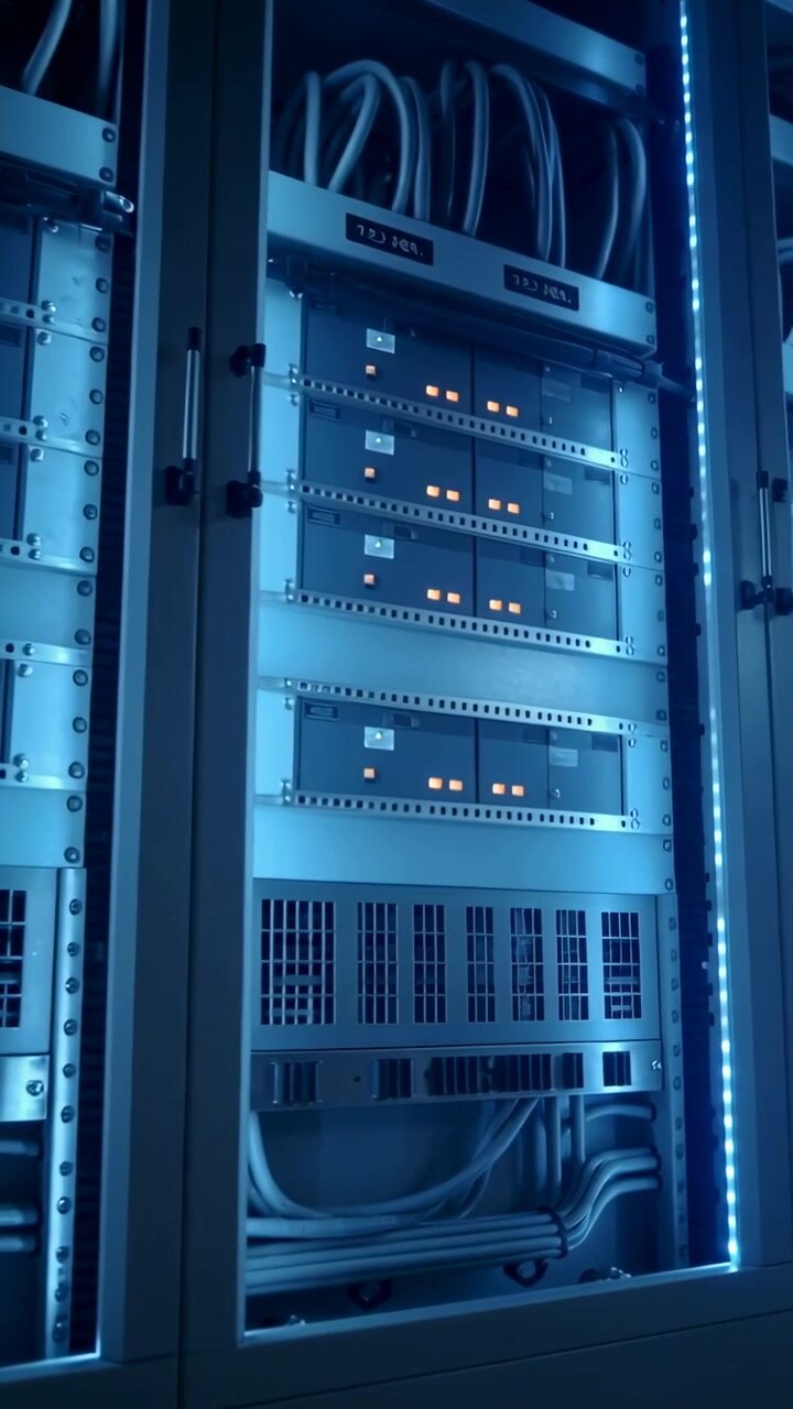 Video verticale: Telecamera che panoramica su un vano rack mostrando LED ambra, cavi raggruppati, LED blu per l'audit