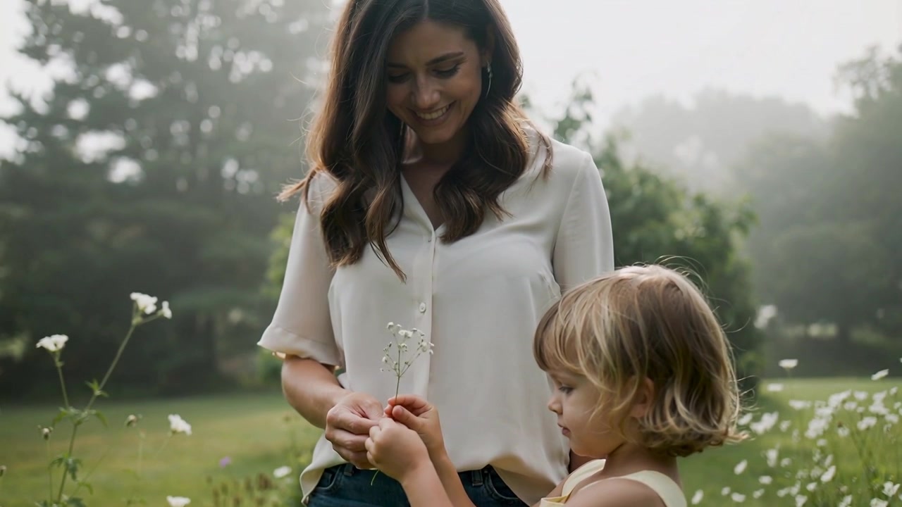 Bambina con fiori bianchi in vestito giallo, madre che la guida e la sostiene in un prato, indossando camicetta e jeans.