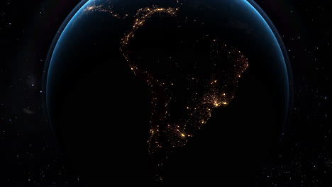 aerial night view of south america illuminated by city lights from space