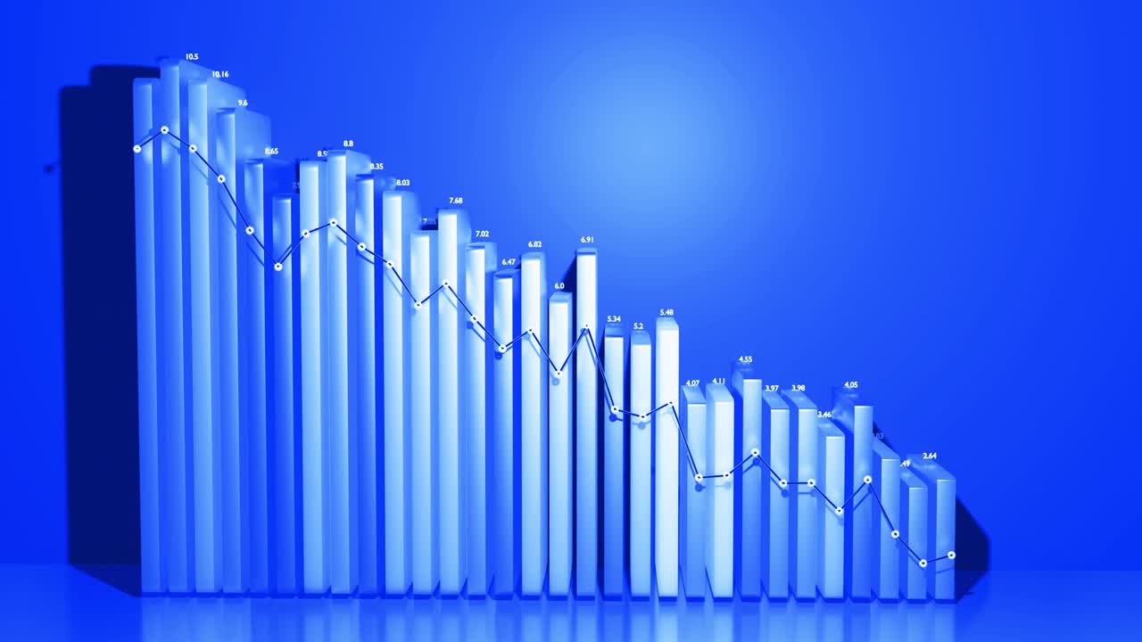 Abstract infographics. Crisis, stagnation and recession concept. Downgrade graph from columns. Economic loop background with copy-space in 4k. Beautiful 3d bars as chart of statistic data in blue.