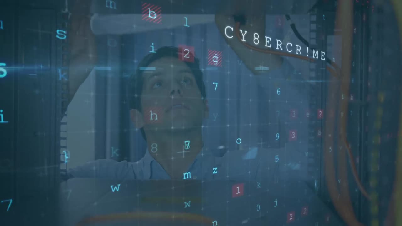 animación de un ataque cibernético texto y procesamiento de datos sobre un técnico informático caucásico con servidor