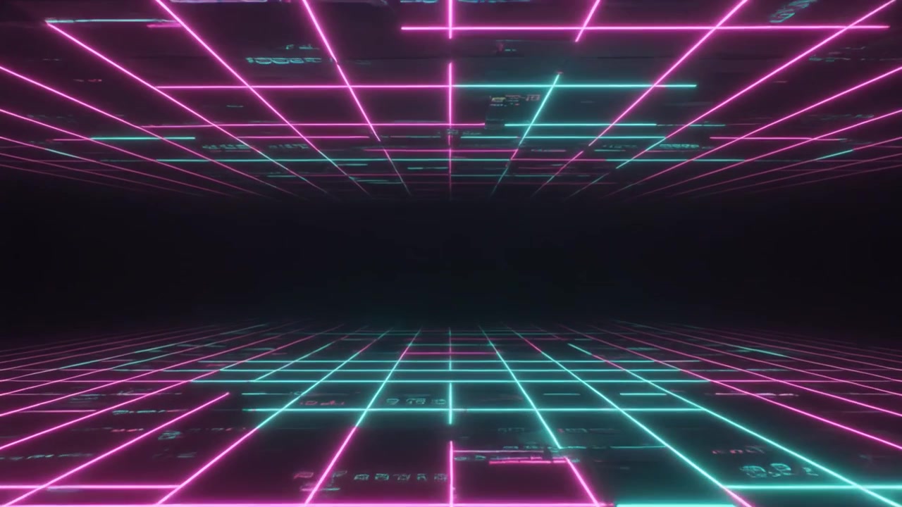 Tunnel futuristico a griglia al neon che si muove attraverso lo spazio digitale