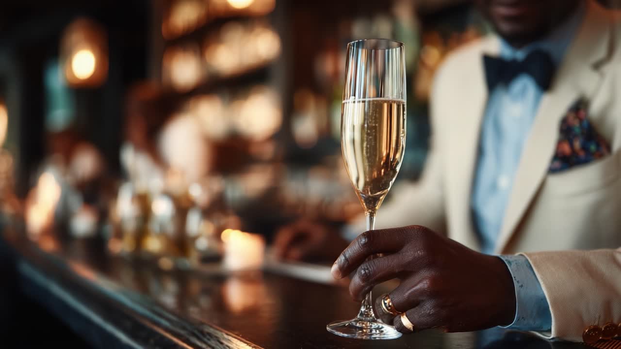 Una Serata Sofisticata: Un Individuo Elegante che Tiene un Bicchiere di Champagne in un Bar Lussuoso, Circondato da un'Atmosfera Calda e Accogliente di Celebrazioni Raffinate
