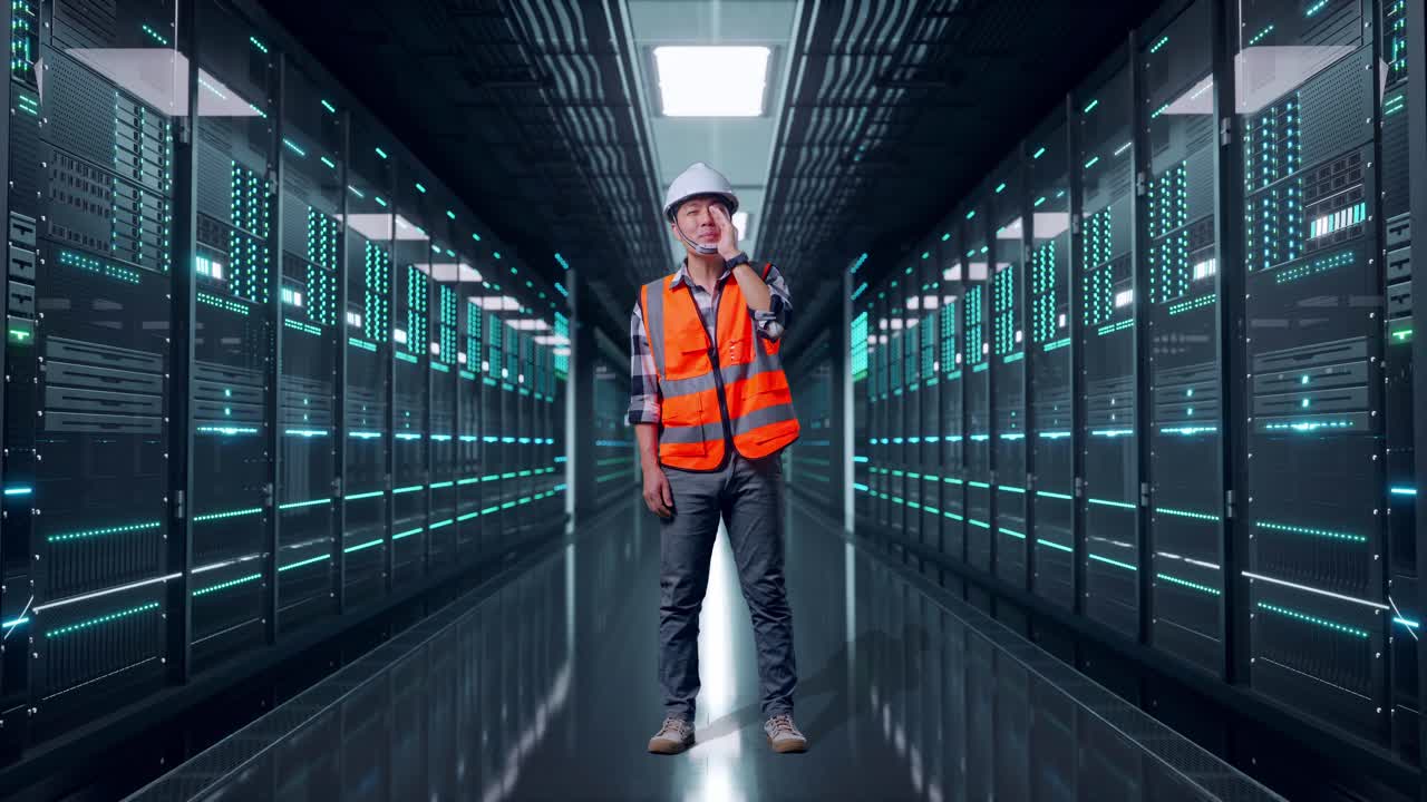 Full Body Of Asian Male Engineer With Safety Helmet Yelling With Hand Over Mouth While Standing in Server Room Data Center