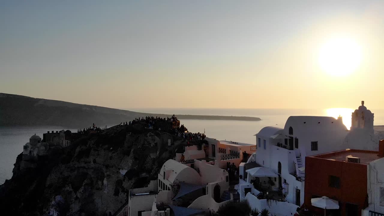 Drone footage of Oia Santorini during sunset