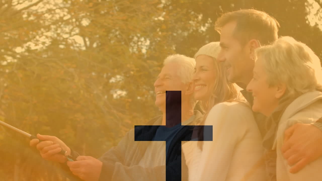 공원에서 행복한 백인 가족의 크로스 오버 애니메이션