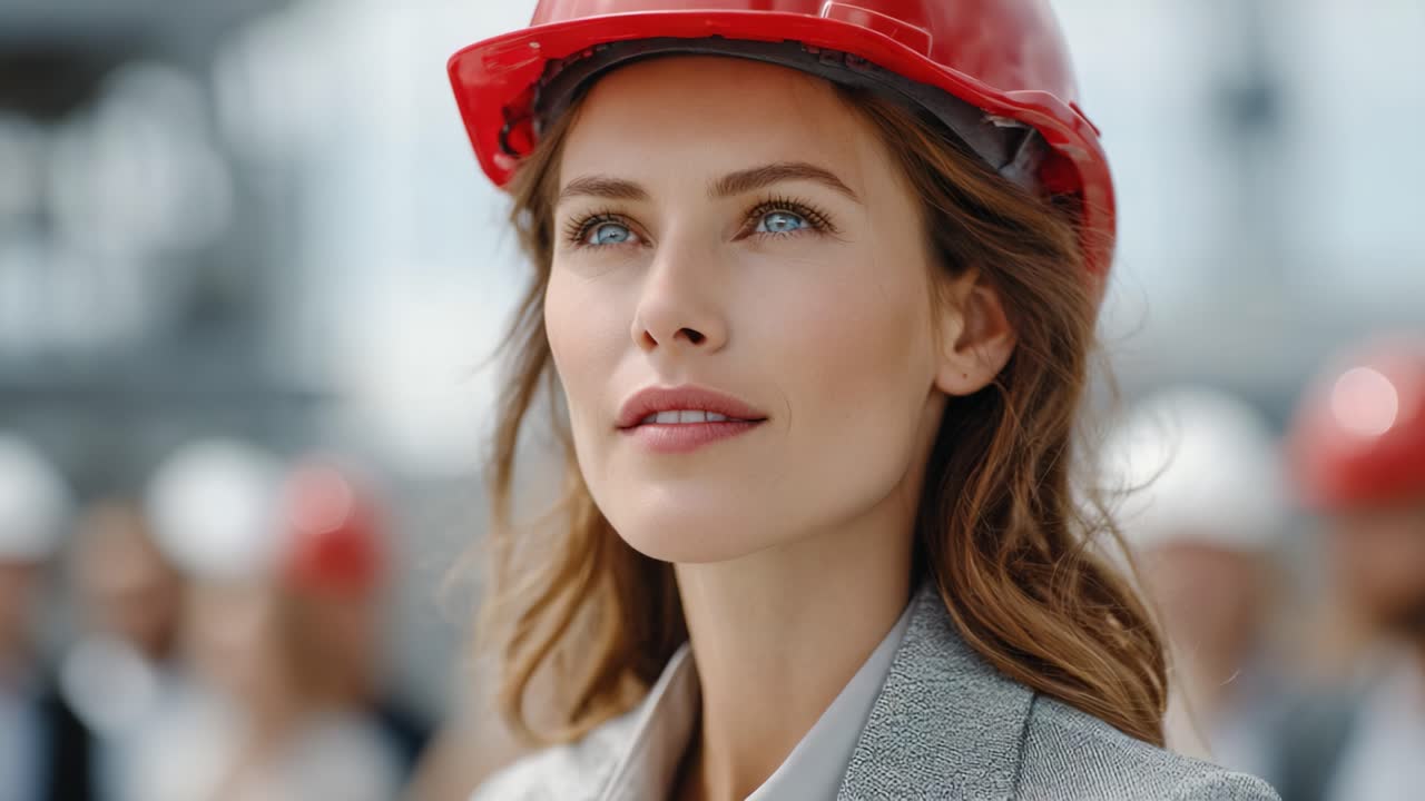 Professional Female Construction Worker in Red Hard Hat, Displaying Determination and Confidence While Strategizing on a Building Site with Colleagues in the Background