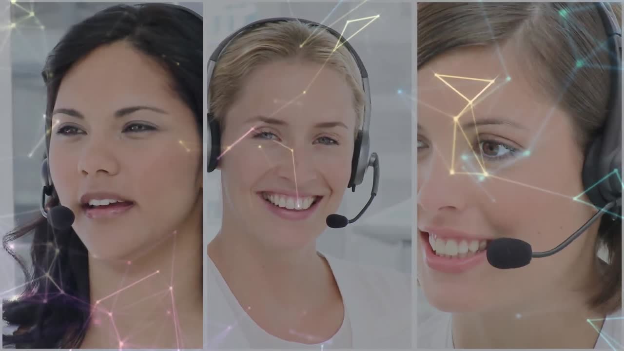 전화 헤드 ⁇ 을 사용하는 사업가 여성의 사진을 통해 연결 네트워크의 애니메이션