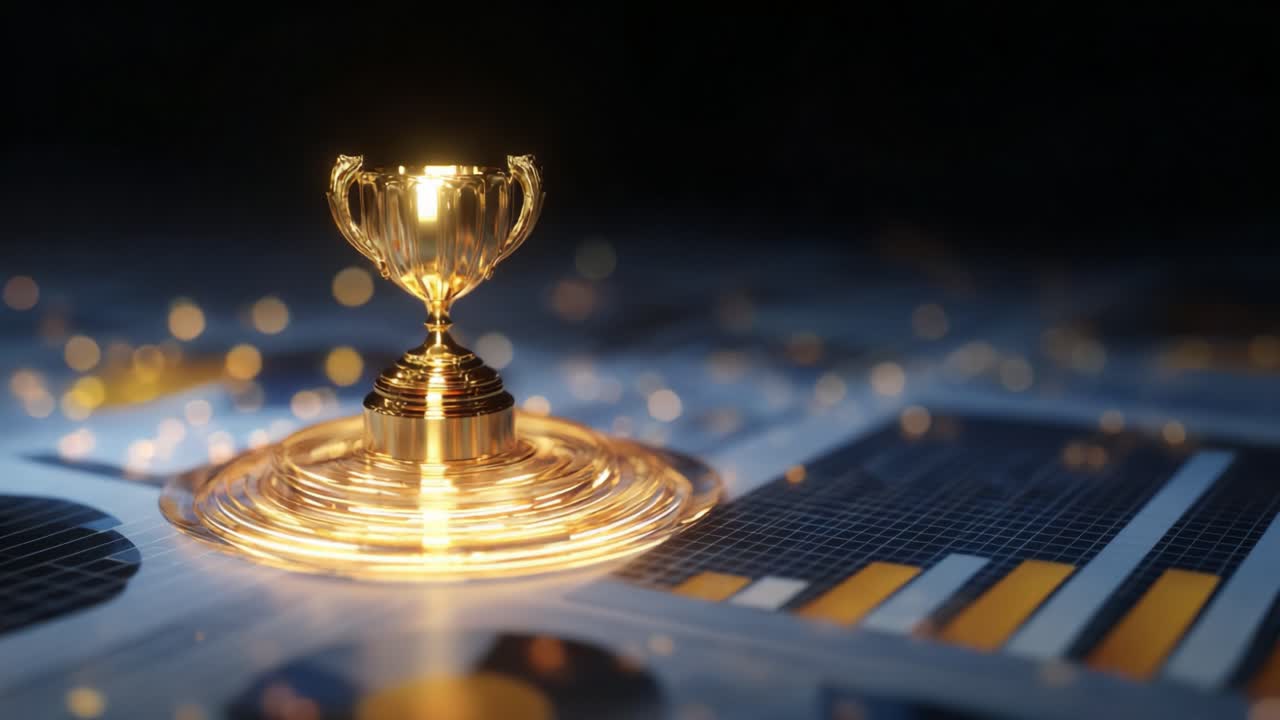 Shimmering Golden Trophy on a Textured Surface with Light Glinting Off It, Surrounded by Graphical Patterns in Background, Symbolizing Achievement and Success in Competitions and Awards