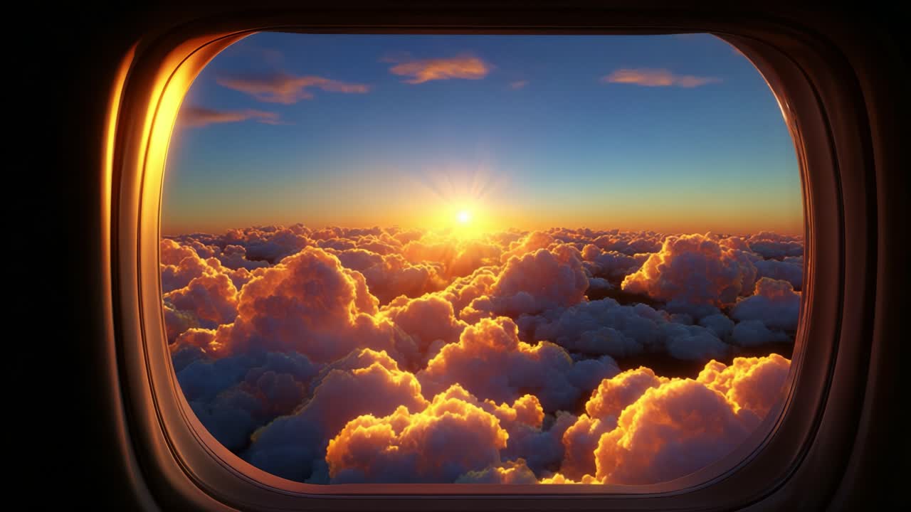 Stunning aerial view of a sunrise illuminating vibrant clouds, captured from an airplane window with a beautiful gradient sky transitioning into warm hues, creating a breathtaking natural spectacle