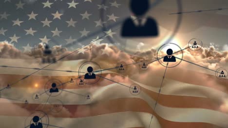 animation of network of connections of icons with people over usa flag and clouds