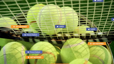 flat design tennis balls being animated inside racket mesh, overlaying colored social media icons