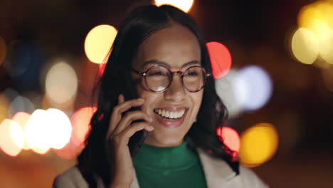 city, evening and woman with phone call