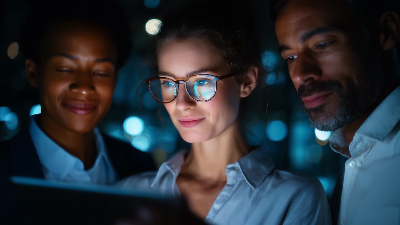 A group of three individuals engaging with a digital device in a dimly lit environment, illuminated by soft blue lights, showcasing a moment of collaboration and shared insights as they interact with technology