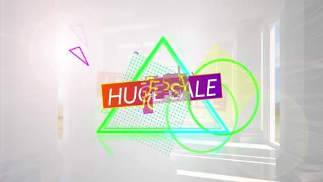 animation of huge sale text in white over red to purple banner and vibrant shapes on empty room