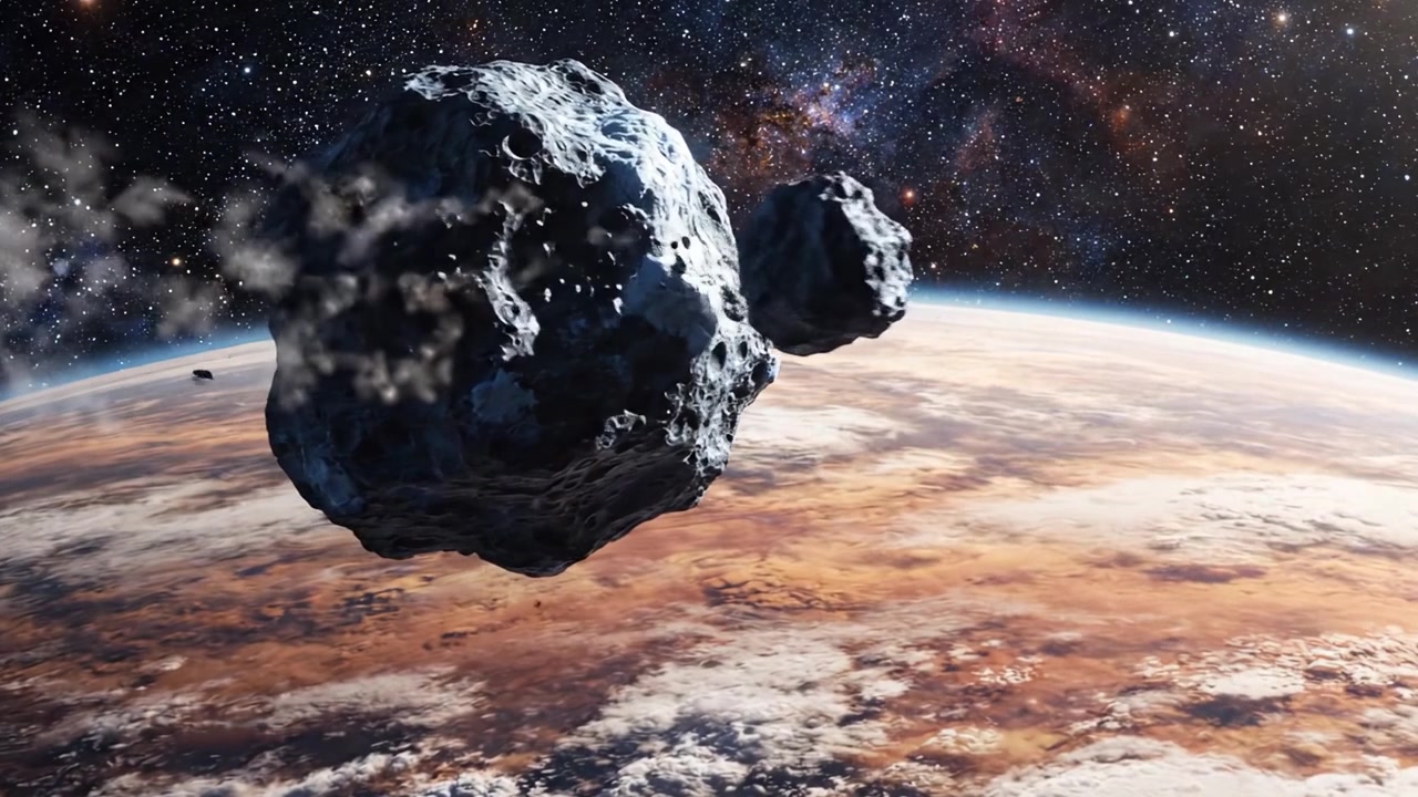 Upea visuaalinen matka avaruuden halki, jossa asteroidit lähestyvät eloisaa planeettaa tuikkivien tähtien alla kiehtovassa kosmisessa näkymässä