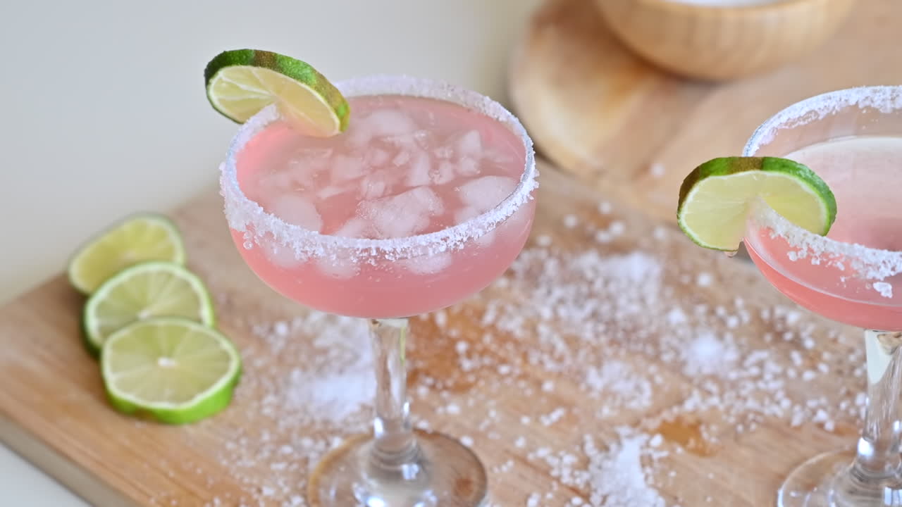 Primer plano de dos cócteles de color rosa claro con hielo y rodajas de lima