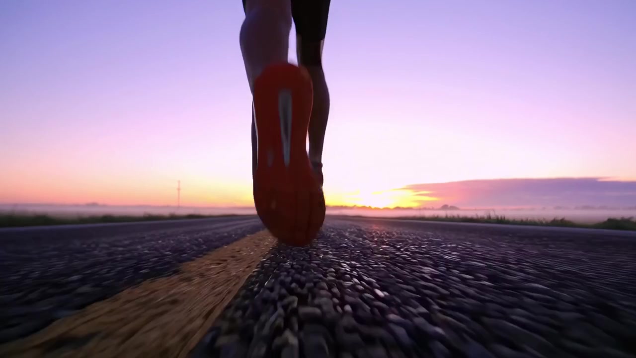 Primo piano delle gambe di un corridore su strada all'alba