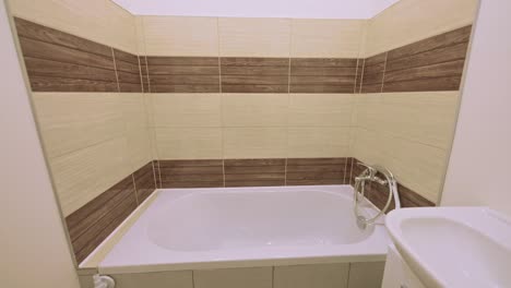 dolly salió disparado de un nuevo baño con bañera, ducha, fregadero y azulejos amarillos marrones