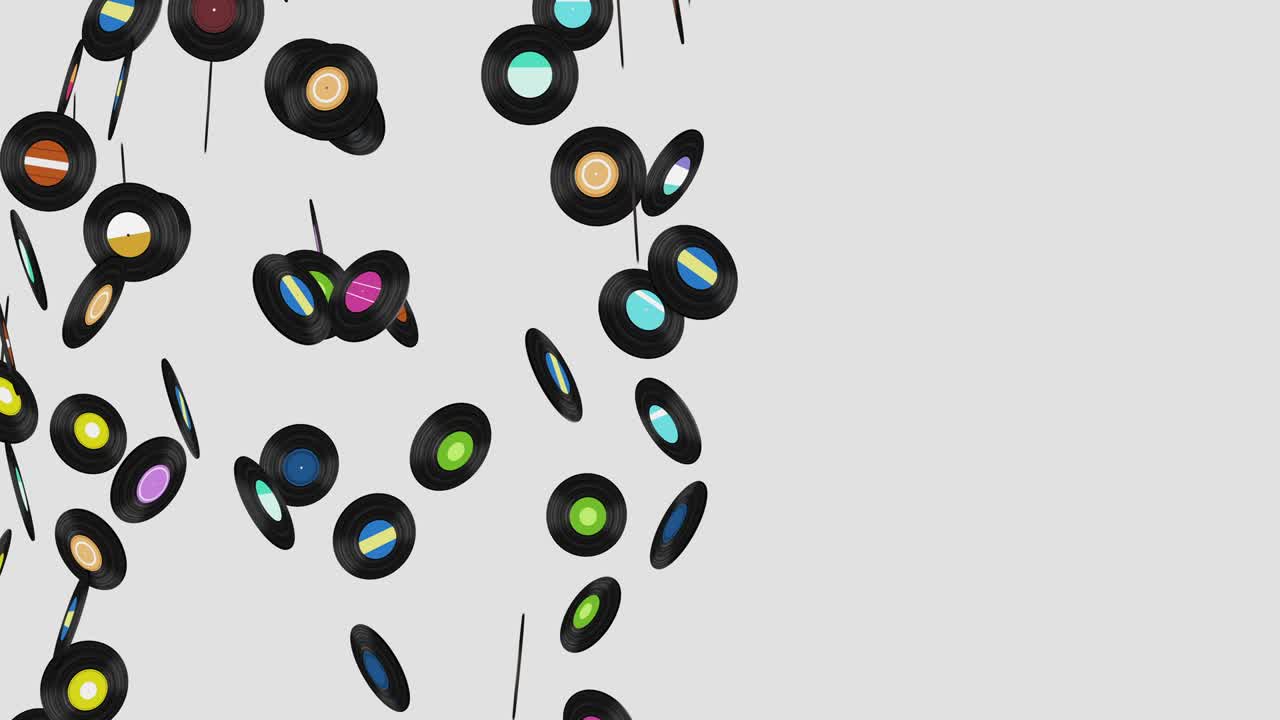 volando muchos discos de vinilo en fondo blanco. tecnología antigua. diseño retro. animación 3d de disco de música girando. animación de bucle.
