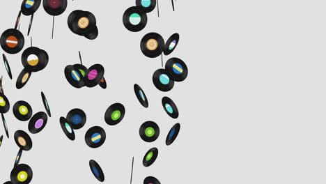 Flying many vinyl records on white background. Old technology. Retro design. 3D animation of music record rotating. Loop animation.